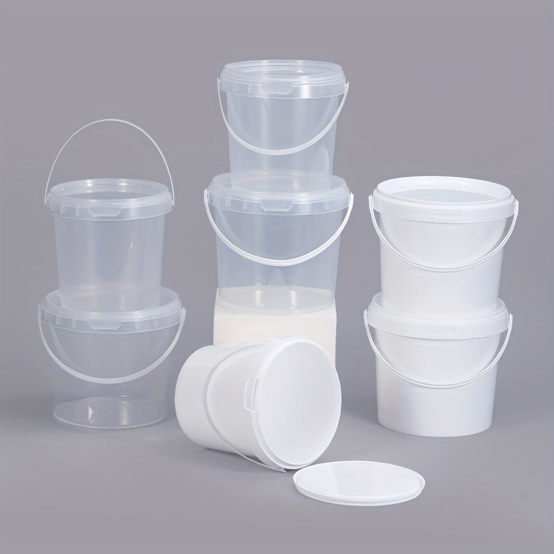 12-piece set of clear round PP Plastic Food Storage Containers with handles, ranging from 300ml to 1000ml in capacity. These containers are durable, resistant to high temperatures, odor-free, and safe for use in the microwave and freezer. They are also