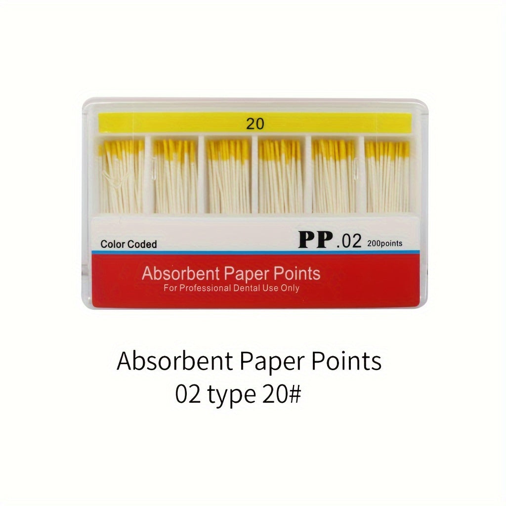 200 Model Taper 02 Absorbent Paper Points in sizes 15, 20, 25, 30, and 40.