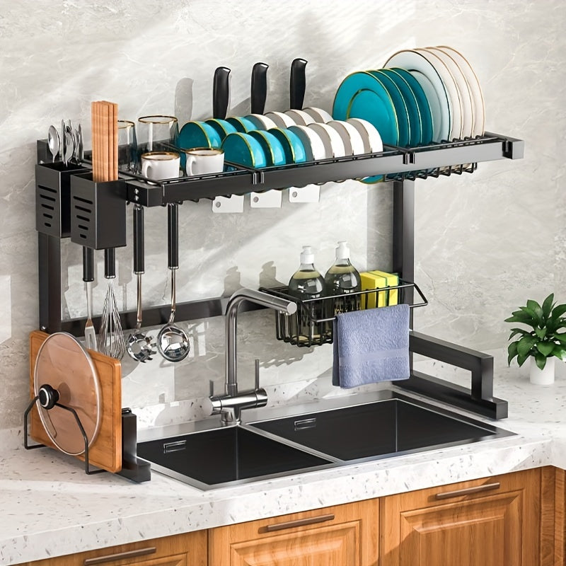 Over Sink Dish Rack made of durable stainless steel, featuring a multi-functional design with built-in utensil holder, drying rack, knife slot, and plate, cup, and cutlery storage capabilities. Ensures no food contact for added cleanliness.