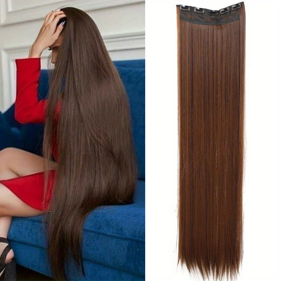 Long synthetic clip-in hair extensions for full head volume and length, easy to wear.