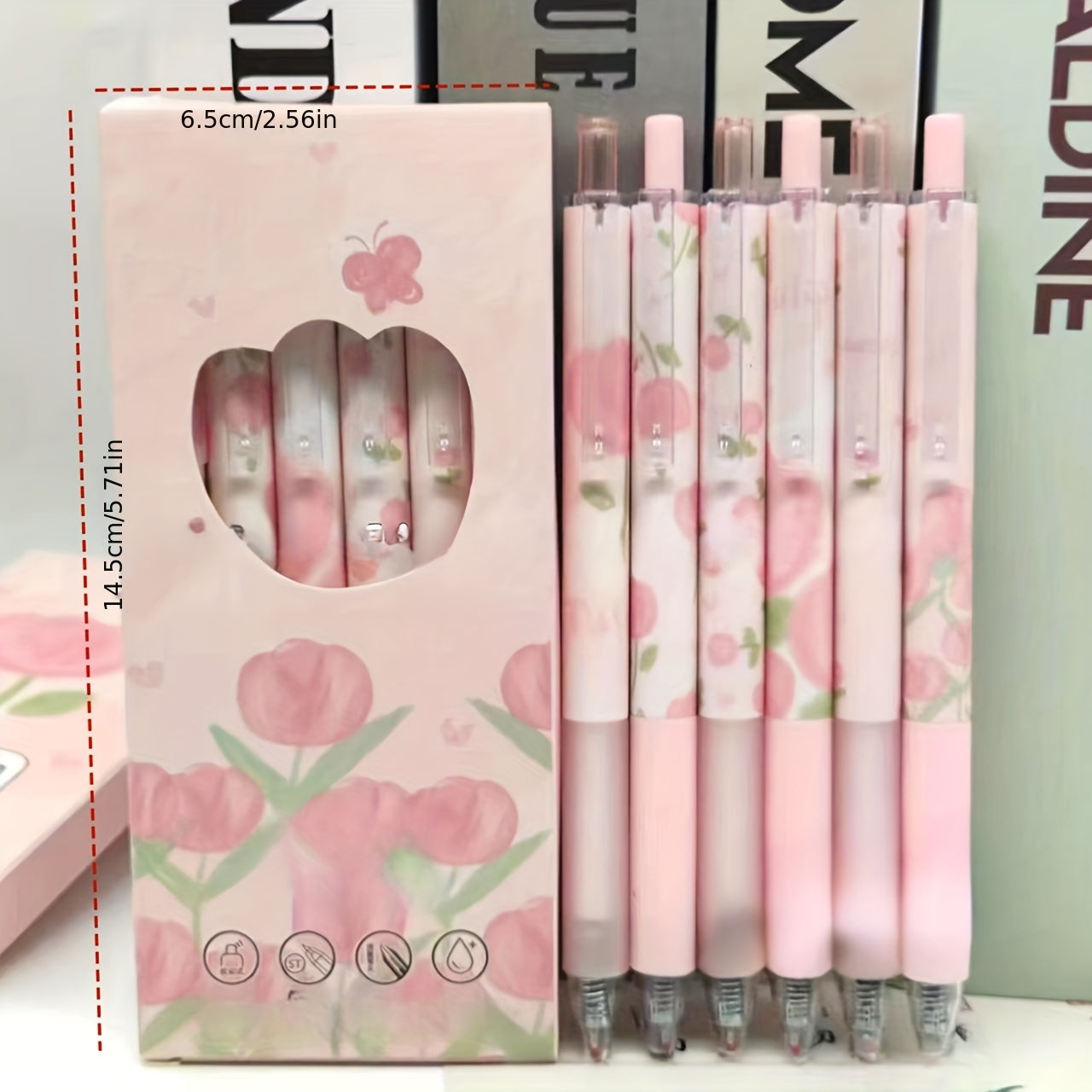 Limited edition set of 6 high-quality rollerball pens in pink Tulip and red Rose design, with water-based ink and fast drying capabilities. Medium point, made of plastic material.