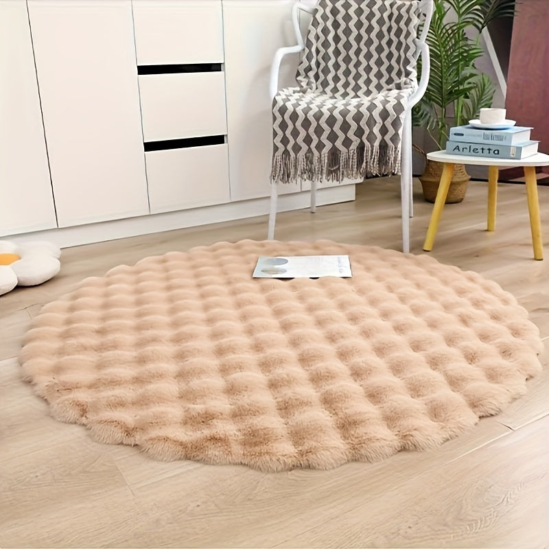 Elegant Plush Faux Rabbit Fur Circular Rug - Supremely Soft, Plush, and Warm, Easy-Care Polyester Blend, Anti-Skid Base, Ideal for Enhancing Living Room or Bedroom Décor - Contemporary Minimalist Design