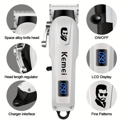 Kemei Electric Hair Clipper with LED LCD, Rechargeable, 6-inch Trimmer, Portable Carving Oil Clippers, Lithium Battery, Includes Limit Comb, for Home & Car Use