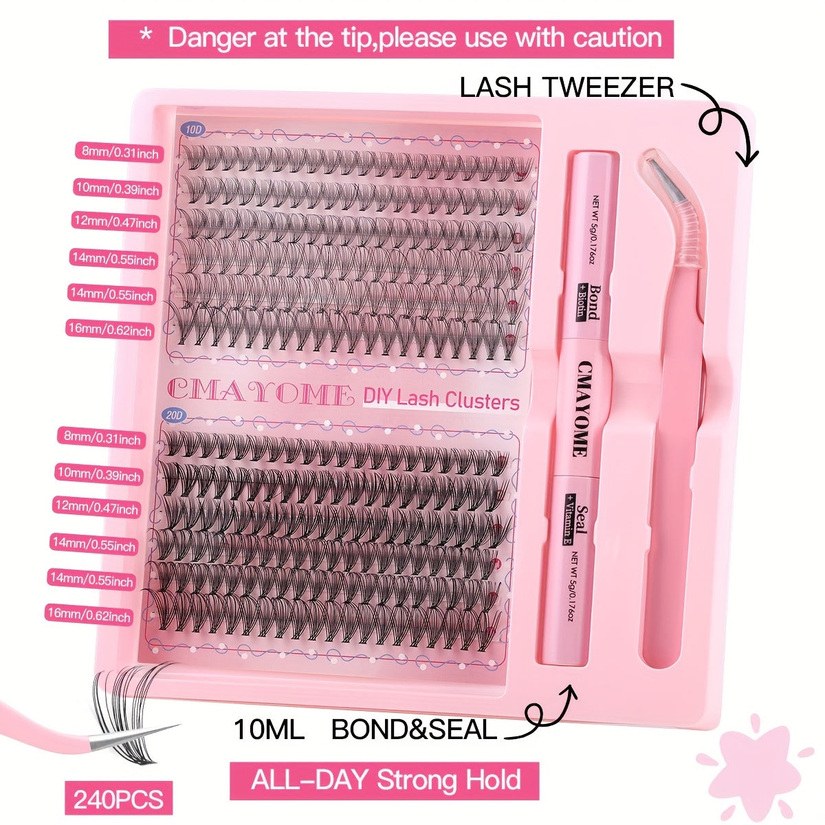 Pink Series DIY False Eyelashes Set includes 240pcs of C-shaped Curly False Eyelashes and 140pcs of Glue Tweezers. Features 8-16mm length, low sensitivity, easy application, and