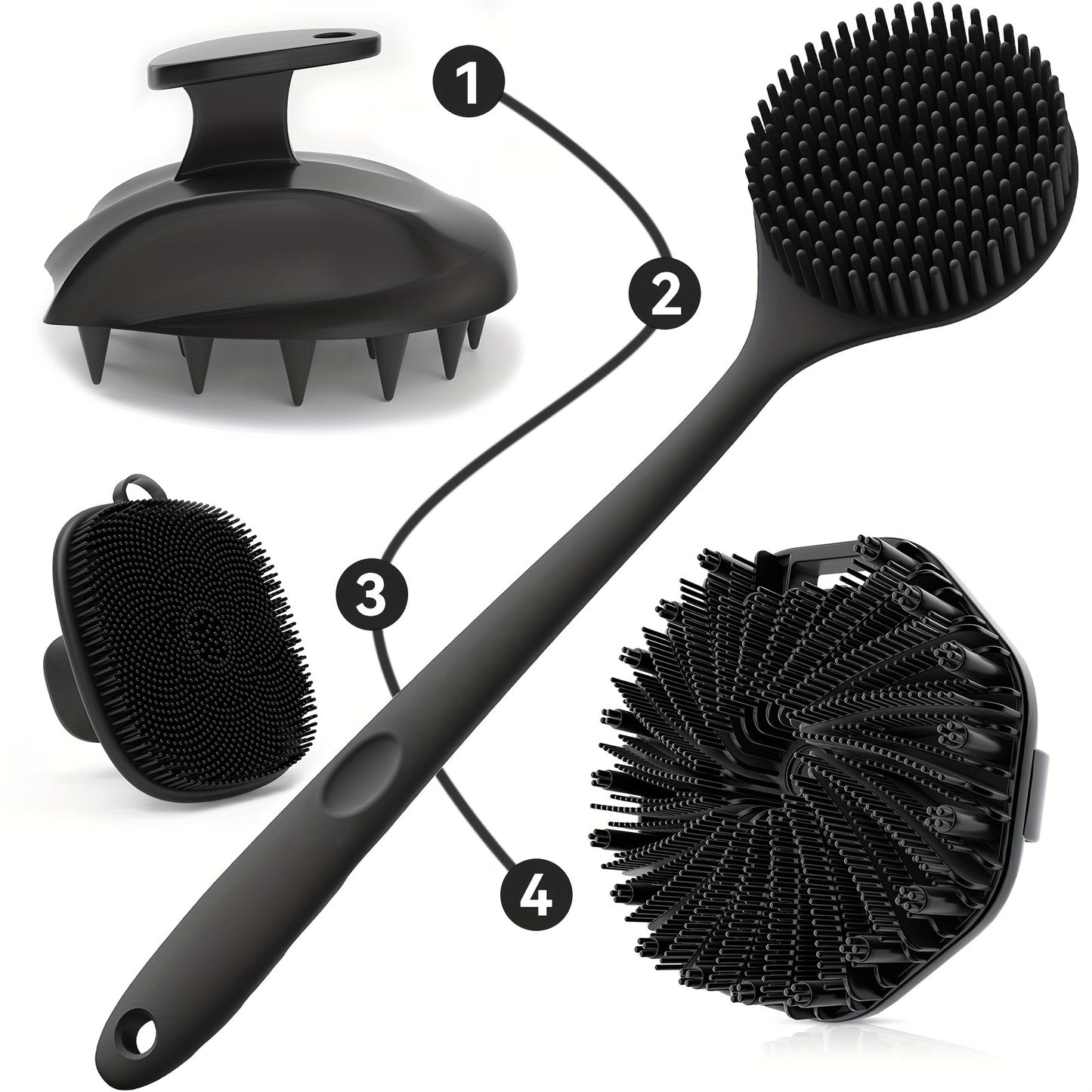 4-piece silicone bath & shower brush set with dual-sided long handle for back, face, and scalp massage. Gentle exfoliating body scrubber with soft bristles and non-slip grip for deep