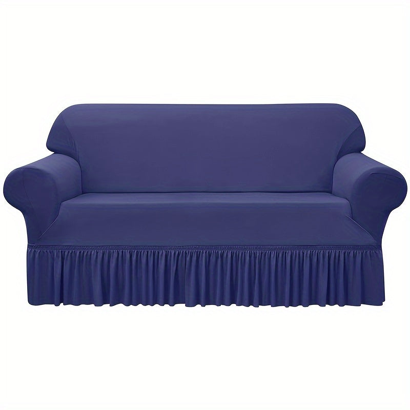 Elastic waterproof sofa slipcover with skirt for all seasons, ideal furniture protection for home and office.