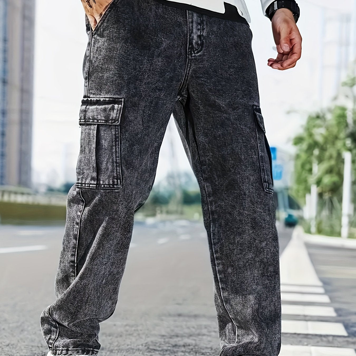 Fashionable plus size men's denim jeans with stretch fabric and multiple pockets for all-season comfort.