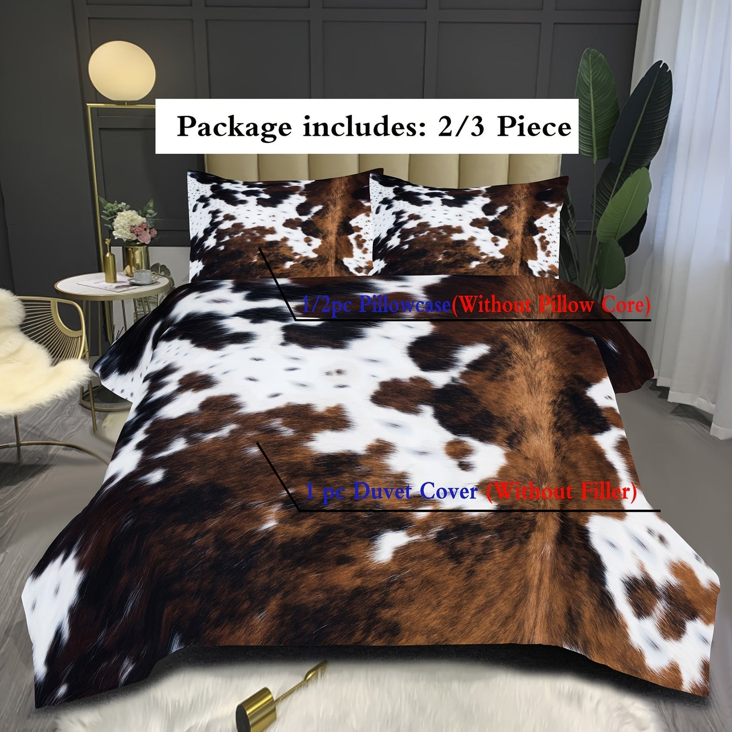 Yak leather bedding set in brown and black cow pattern, featuring washable ultra-fine microfiber duvet cover for a soft and comfortable sleep experience. Choose from 2 or 3 piece sets.