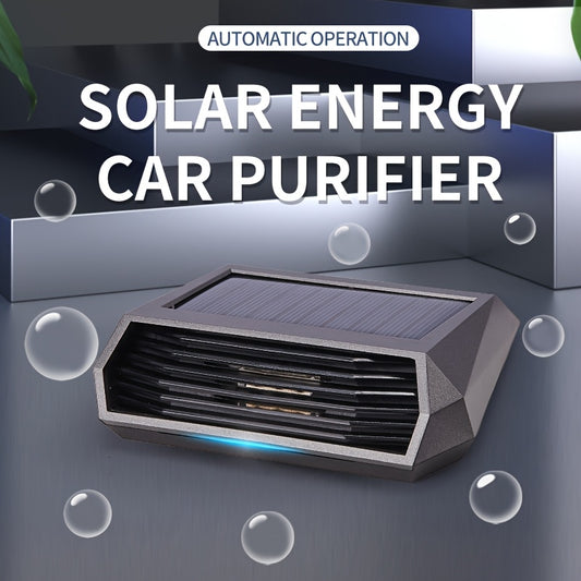 Solar-powered car air purifier with motion sensor for 7-day freshness, auto shut-off when parked, no consumables required, includes high-efficiency panel and lithium battery.