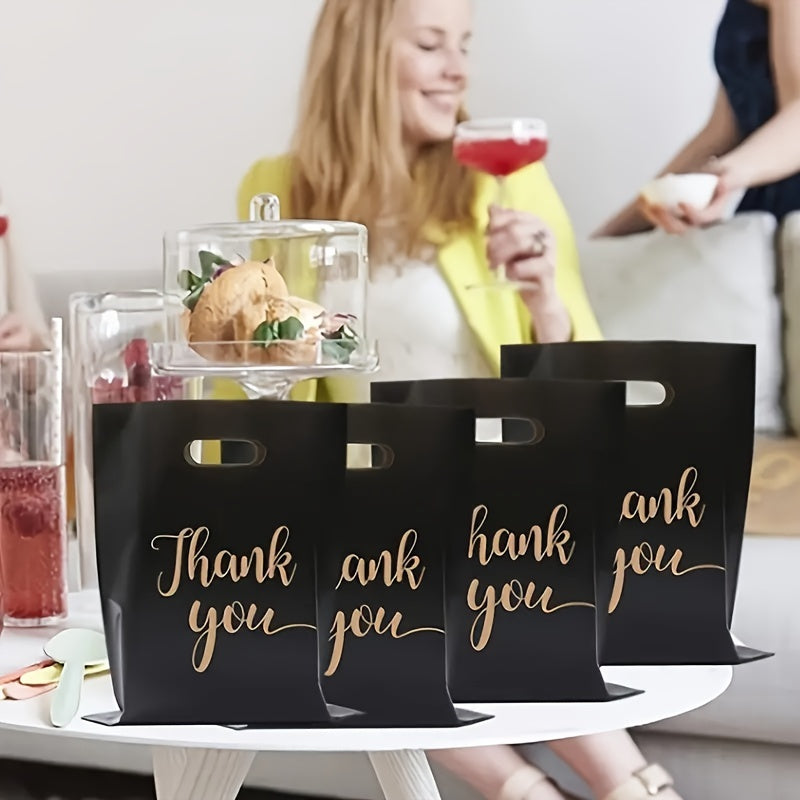 Stylish reusable plastic tote bags, ideal for retail, boutique, gifts, clothing & party favors, with elegant thank you text in black, white, and pink with golden cursive.