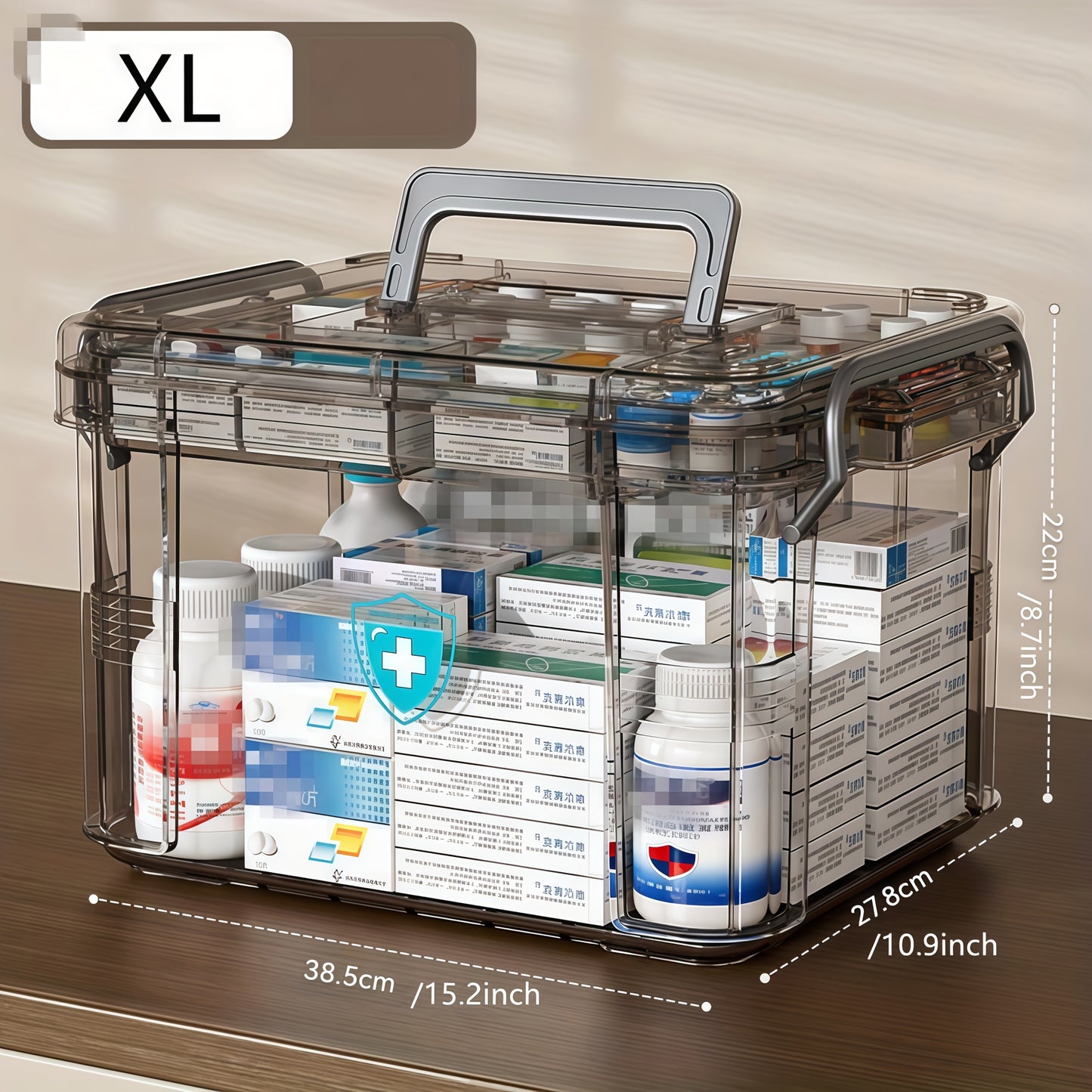 Waterproof double-layer medicine organizer for home first aid supplies.