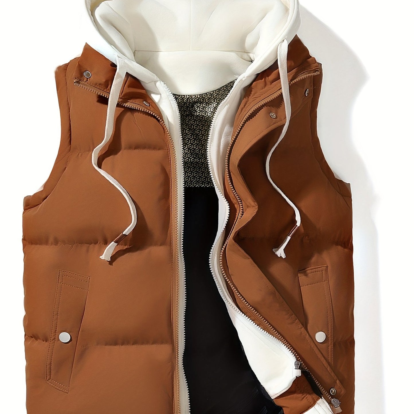 Sleeveless, hooded vest jacket with faux two-piece design for fall/winter, machine washable.