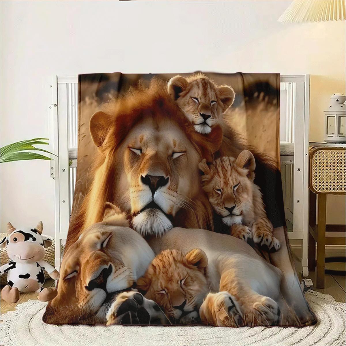 Get cozy with this vintage Lion Family print flannel throw blanket. Made from knitted polyester, this lightweight blanket features a digital print animal theme. With a fabric weight of 200-250g, it's perfect for any season and ideal for use on your sofa