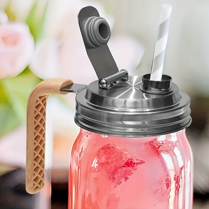 Glass jar lid made from stainless steel with a handle and straw opening, designed for 86mm regular mouth jars. Leak-proof seal for beverages and drinks.