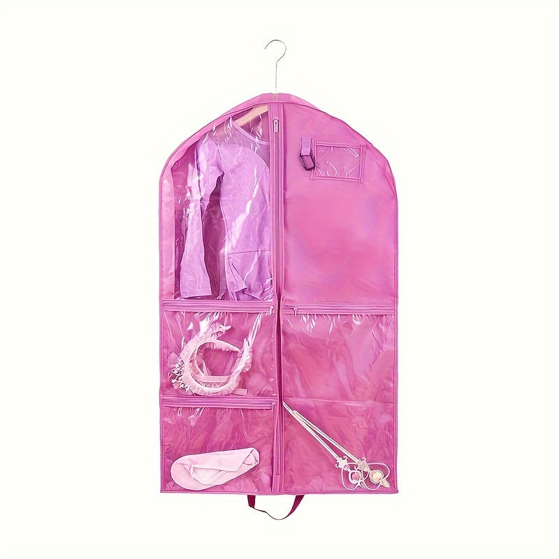 Durable costume dust cover bag with storage pouches, featuring a hanging design for suits and coats. Designed with a window and zipper for easy access, this household organization tool helps save space in the bedroom, bathroom, office, closet, wardrobe