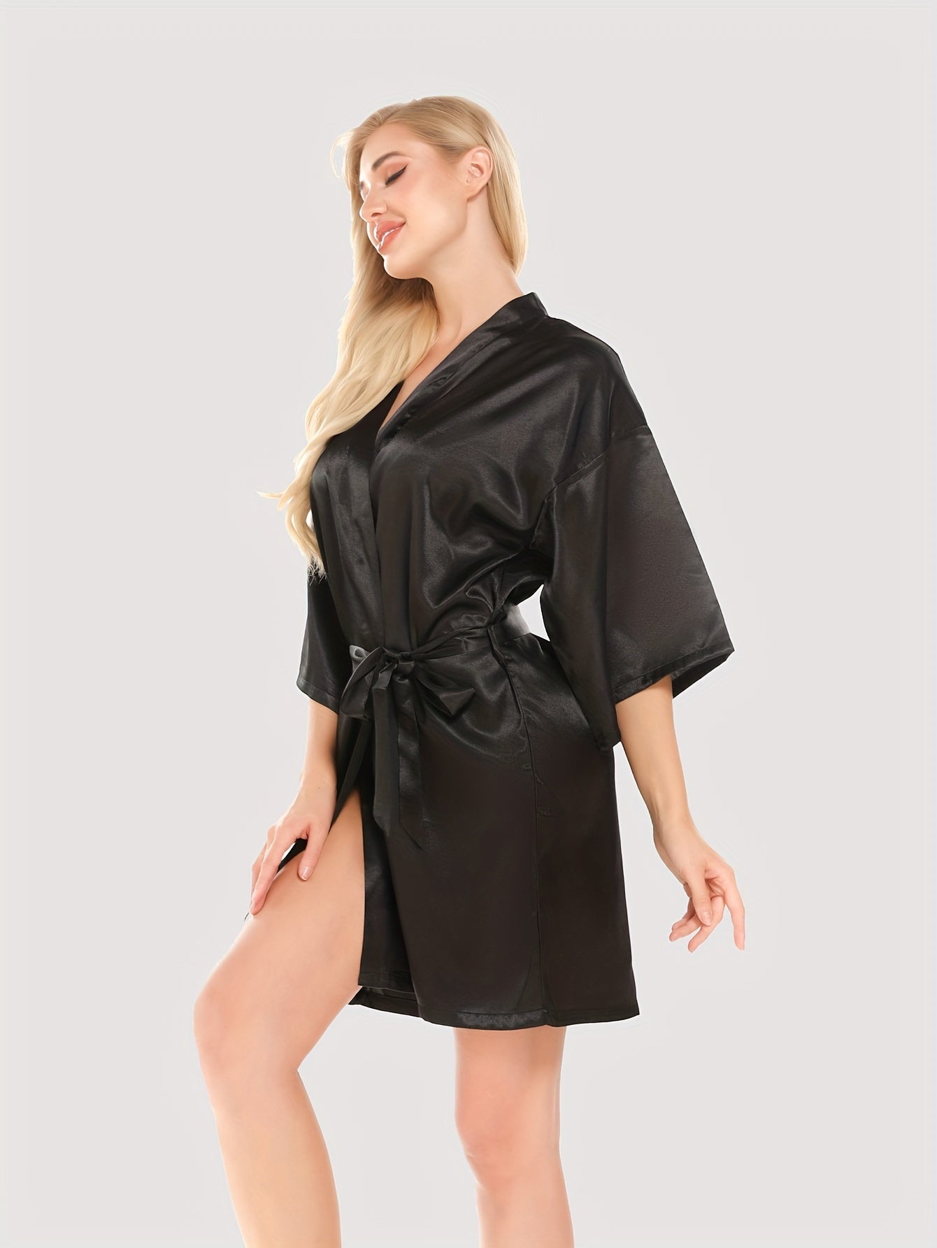 Queen letter pattern night robe with 3/4 sleeves, V-neck, belt, and women's sleepwear.