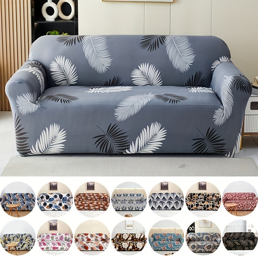 Modern printed sofa slipcover with elastic closure, made of 95% polyester and 5% spandex. Machine washable with active printing and stitched craftsmanship. Fits armchairs to sectional sofas, weighing 100-120gsm fabric.