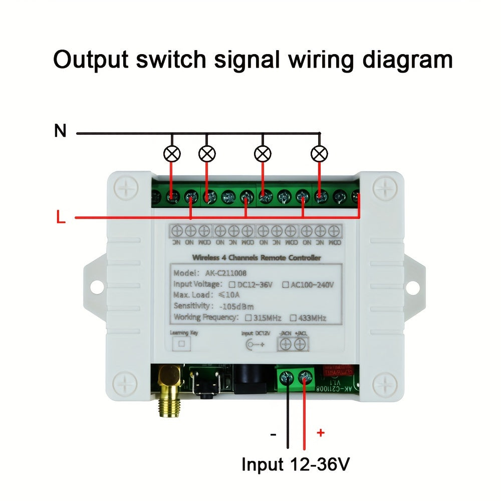 4-channel wireless remote control with RF receiver for switches, features metal transmitter for home and office use, operates on 433MHz frequency and supports 10A, 12V-36V DC input.