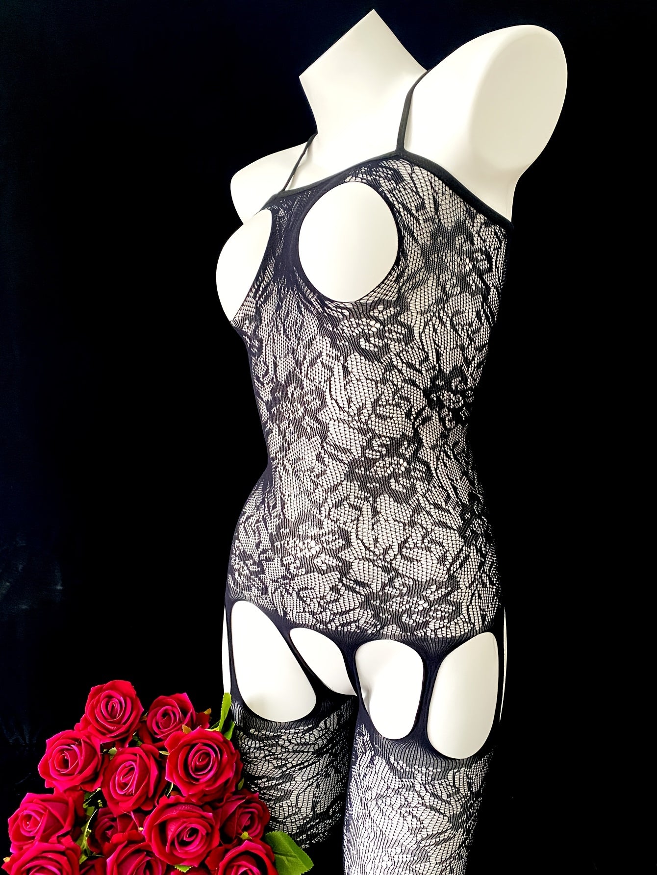 Sexy lingerie for intimate occasions: Hollow Out Jacquard Sleeveless Bodystocking and Open Bust Fishnet Bodystocking