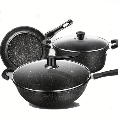 Set of 3 Non-Stick Cast Iron Cookware Pieces with Lids - Includes Soup, Frying, and Wok Pans for Multi-Purpose Kitchen Cooking