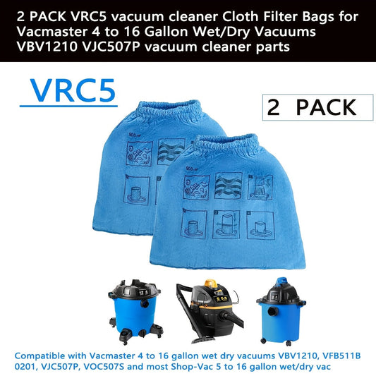 2 pieces of VRC5 Washable Cloth Filter Bags designed for Vacmaster & Shop-Vac 15.14-60.57 L - Simple Installation, Suitable for Dry Use Only