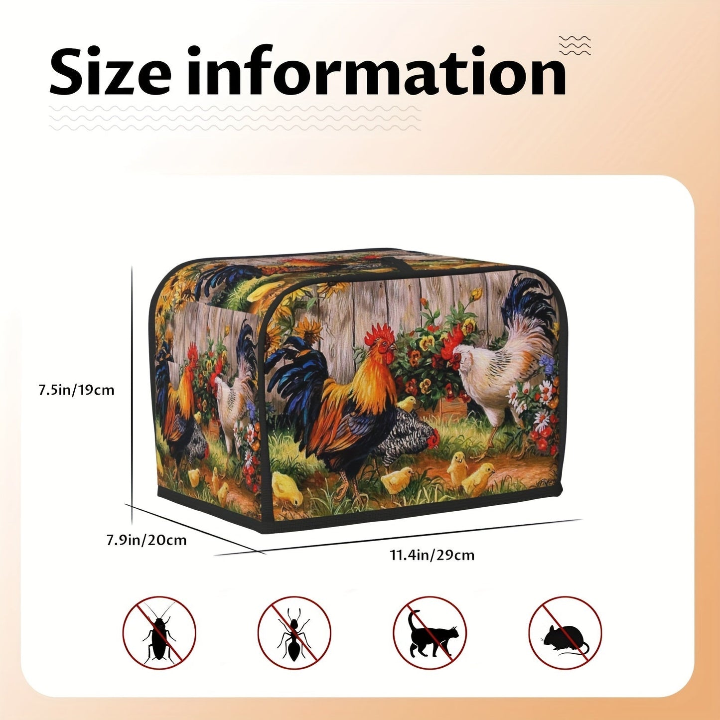 Protect your 2 slice wide slot toaster with this rooster patterned cover. Keep dust, fingerprints, and grease at bay while preventing sputtering. This machine washable cover requires no electricity, making it an ideal gift for women.