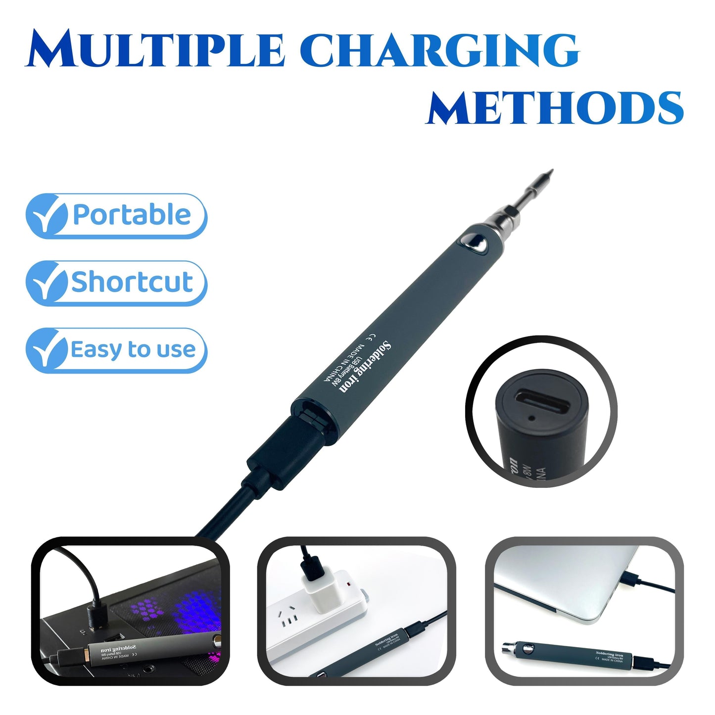 USB rechargeable soldering iron set with high heating rate and easy operation, suitable for DIY repairs at home or outdoors with nichrome heating element.