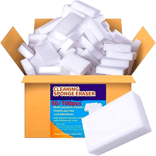 100 pieces of Magic Wipe Sponge made of Melamine Foam for household cleaning. This versatile sponge can be used for dishes, kitchen cleaning, car washing, and cleaning various surfaces such as sinks, ovens, stoves, plates, bathrooms, showers, tiles