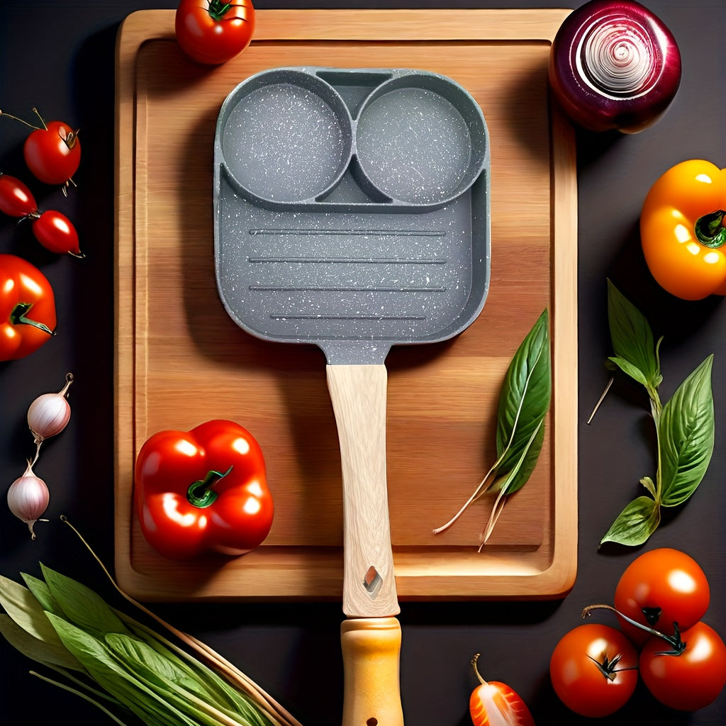 Kitchen accessory: Non-stick aluminum omelet pan with a wooden handle. Perfect for pancakes, bacon, and burgers. Hand wash only. Compatible with gas stove and induction cooker. Perfect breakfast pan.