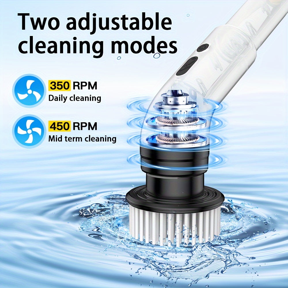 Introducing the versatile White Electric Cleaning Brush with USB Charging, Long Handle, and 2000mAh battery. Comes with 6-9 Replaceable Brush Heads for cleaning floors, walls, outdoor areas, and bathrooms.