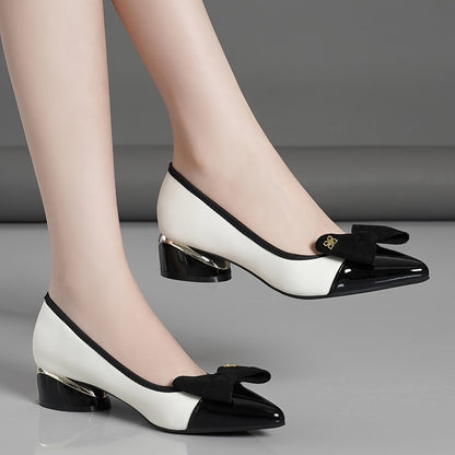 Chunky heels with bowknot decor and point toe, slip on style for stylish dress pumps.