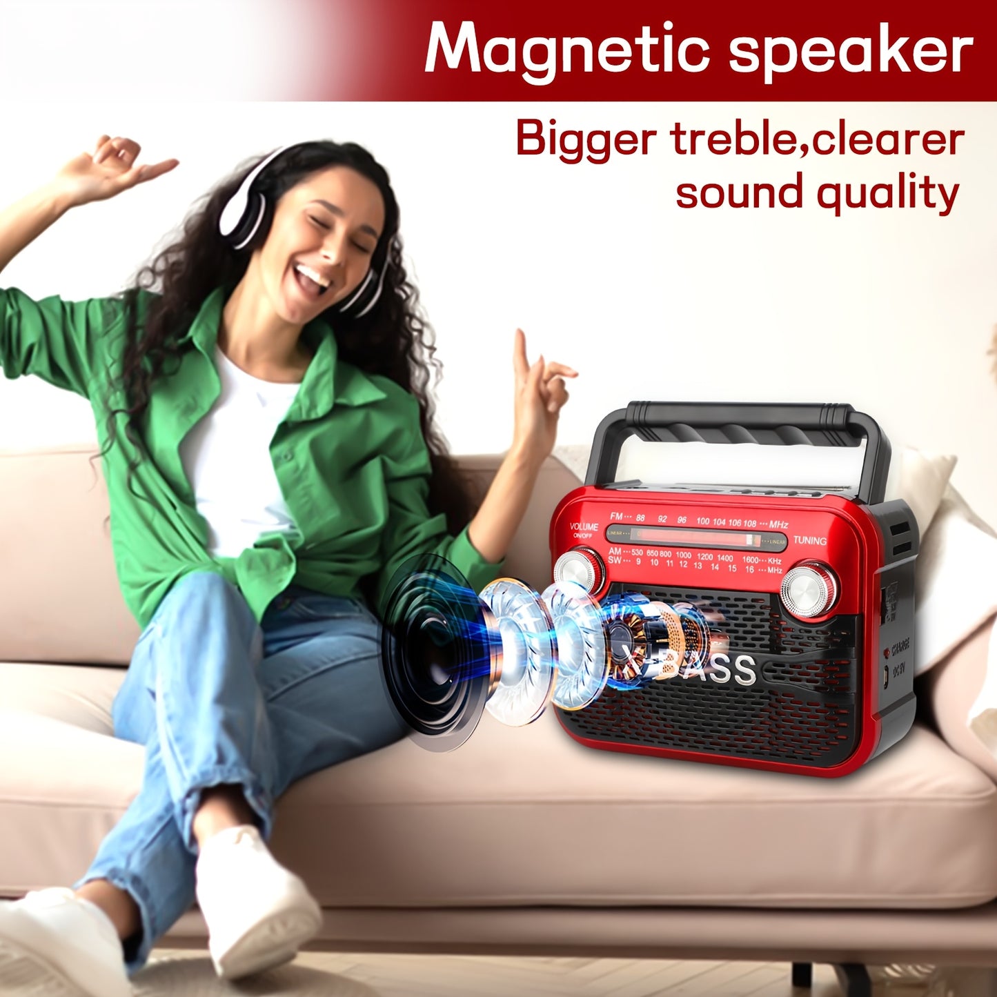 X-BASS Portable FM Radio with Flashlight - Rechargeable battery, multi-band, USB/TF/BT playback, 2-4 hour playtime, red & black, indoor/outdoor use.