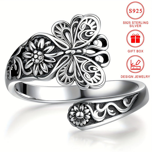 Retro Butterfly & Flower Carved Spoon Ring in 925 Sterling Silver with 18k Gold Plating - A Symbol of Beauty and History. High-Quality Gift for a Special Someone, Complete with Gift Box.