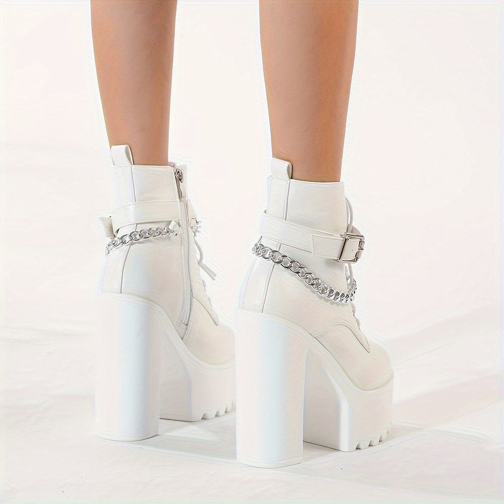 Women's stylish ankle boots with chain decor, block heel, lace-up, and side zipper.