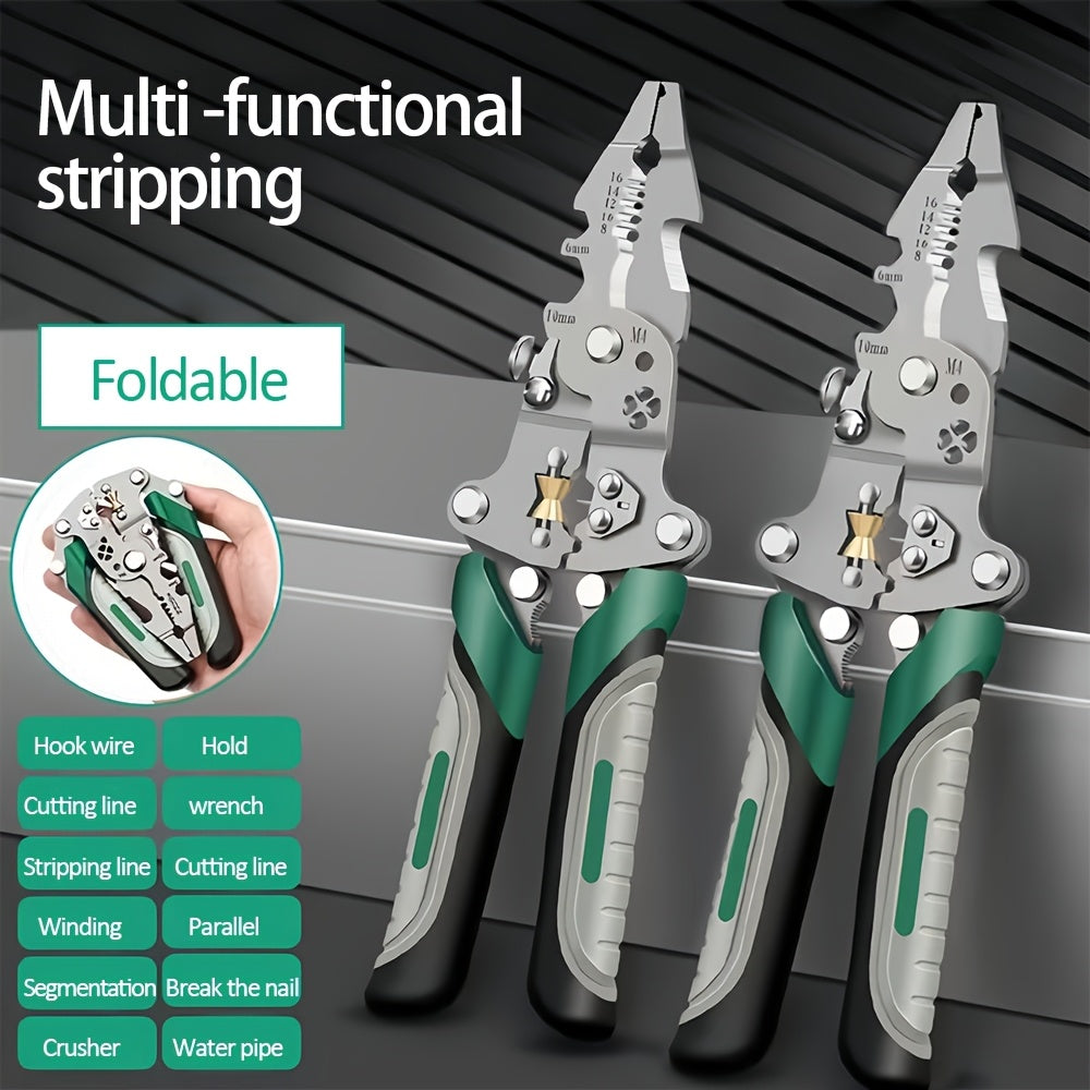 Portable electrician's tool for electrical repair, installation, and automotive maintenance, made of metal material, with multi-functional folding wire stripper.