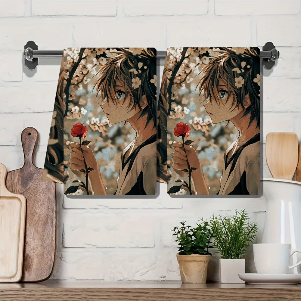 Two pieces of ultra soft kitchen towels featuring an anime boy with blue eyes leaning against a cherry blossom tree, holding a single red rose. These highly absorbent dish hand towels are perfect for holiday decor. Machine washable and measuring 16x24