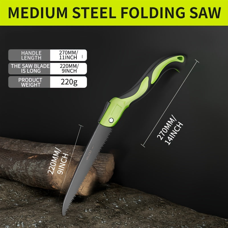 Durable metal pruning saw for woodworking and tree cutting with SK9 alloy steel blade. Quick folding design for easy storage. Bare tool included. Ideal for home and garden use.