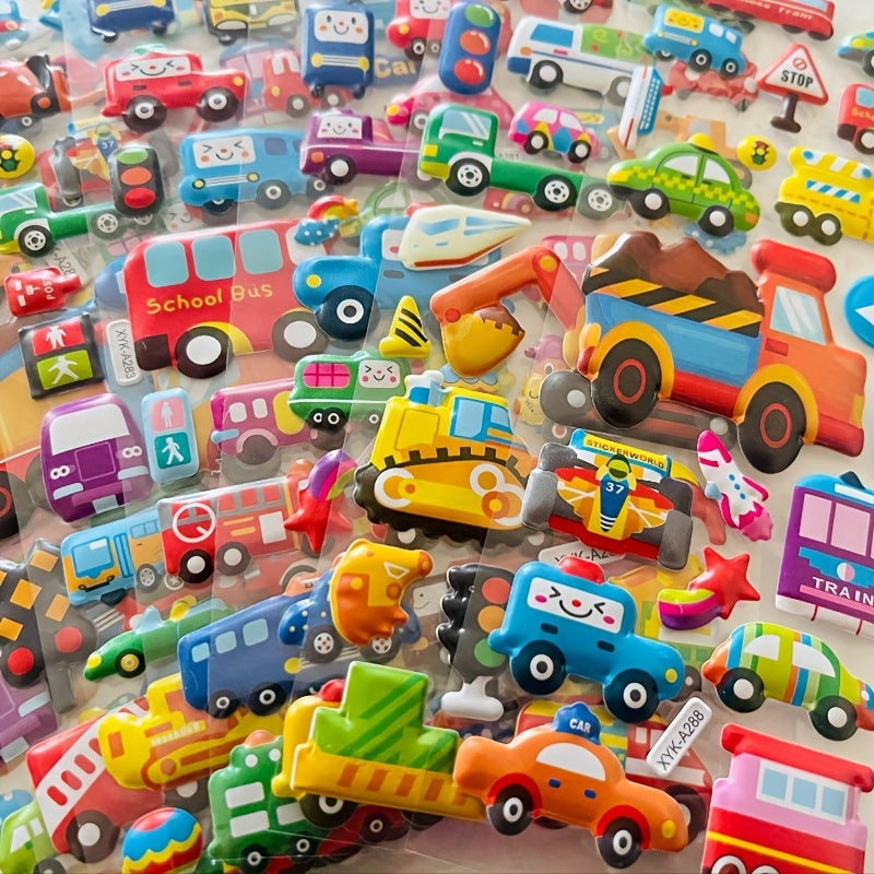 Set of 8 cartoon vehicle stickers featuring 3D Stereoscopic Cars, Fire Trucks, and Excavators. Fun and educational reward stickers in mixed colors, self-adhesive plastic.