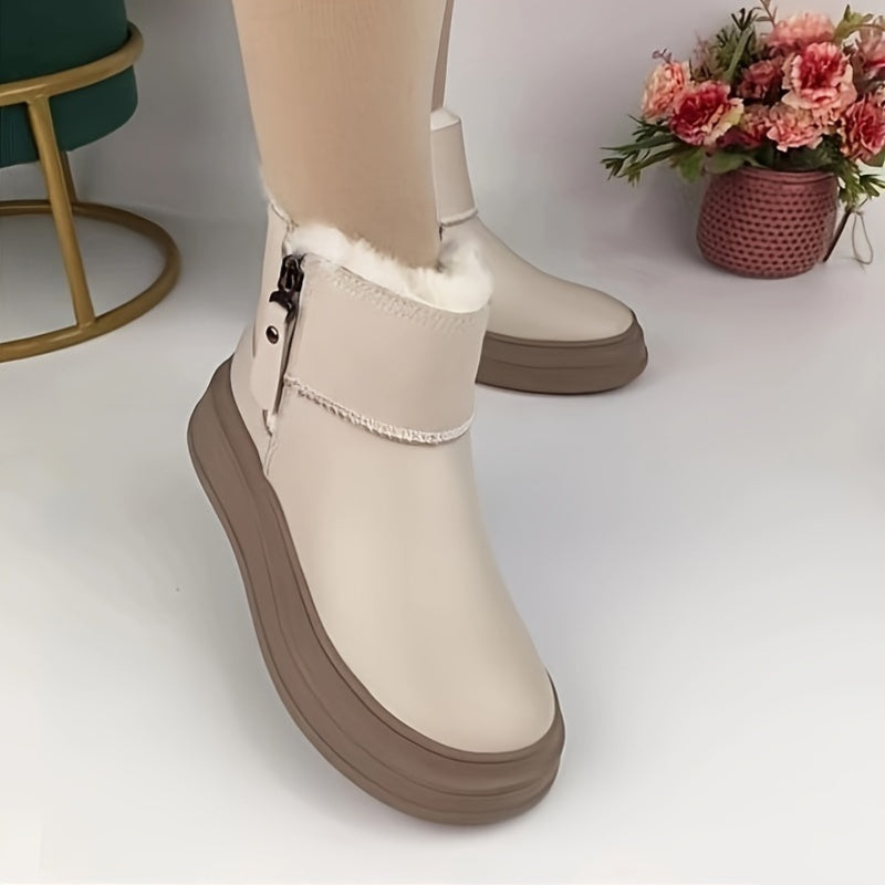 Stylish and comfortable Winter Warm Snow Boots for Women with waterproof man-made upper, platform heel, and zipper closure.