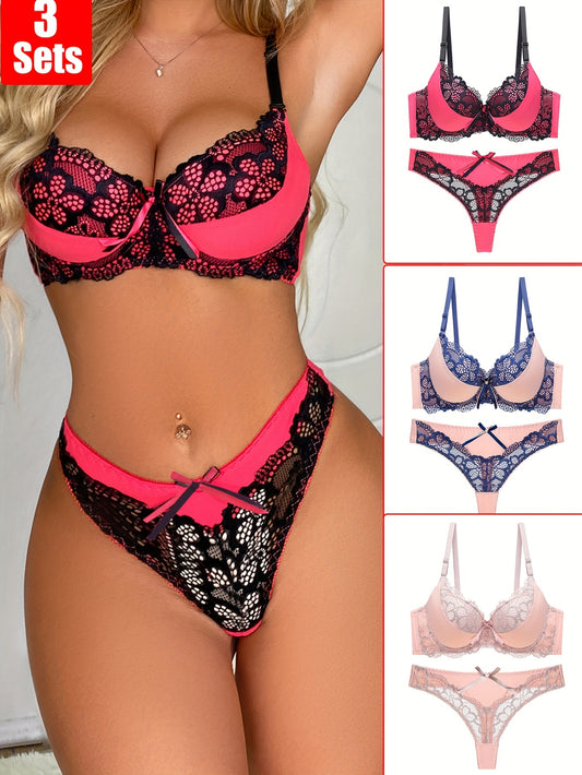 French sexy bra set with lace accents and hollowed out design, including 3 pieces of women's underwear.