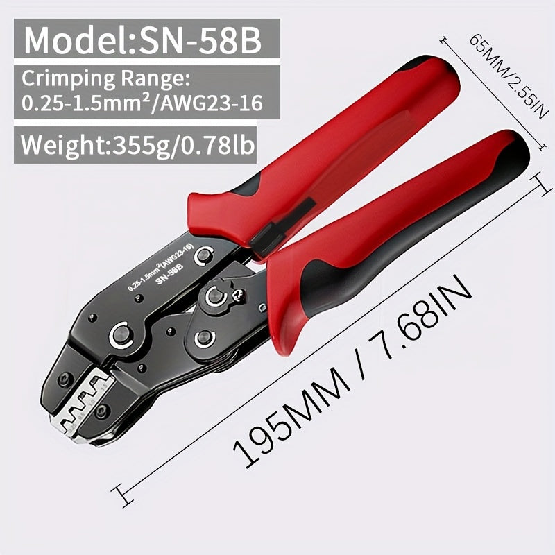 Professional manual crimper tool for JST, Dupont terminals, SATA pin crimping, with carbon steel handle and AWG 23-16/0.25-1.5mm² capacity.