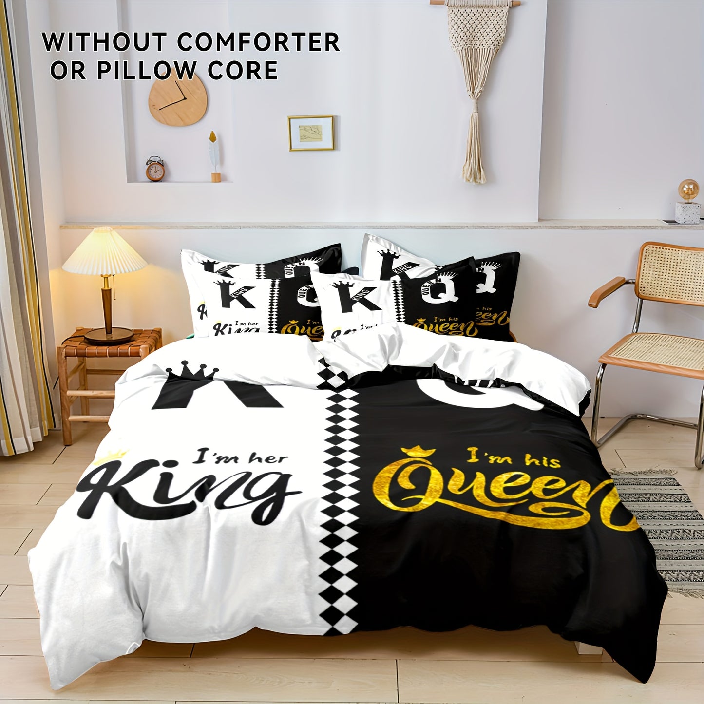 King & Queen Crown 3pcs Duvet Cover Set - Soft Breathable Polyester, Zipper Closure - Includes 1 Duvet Cover & 2 Pillowcases, Machine Washable, Digital Print