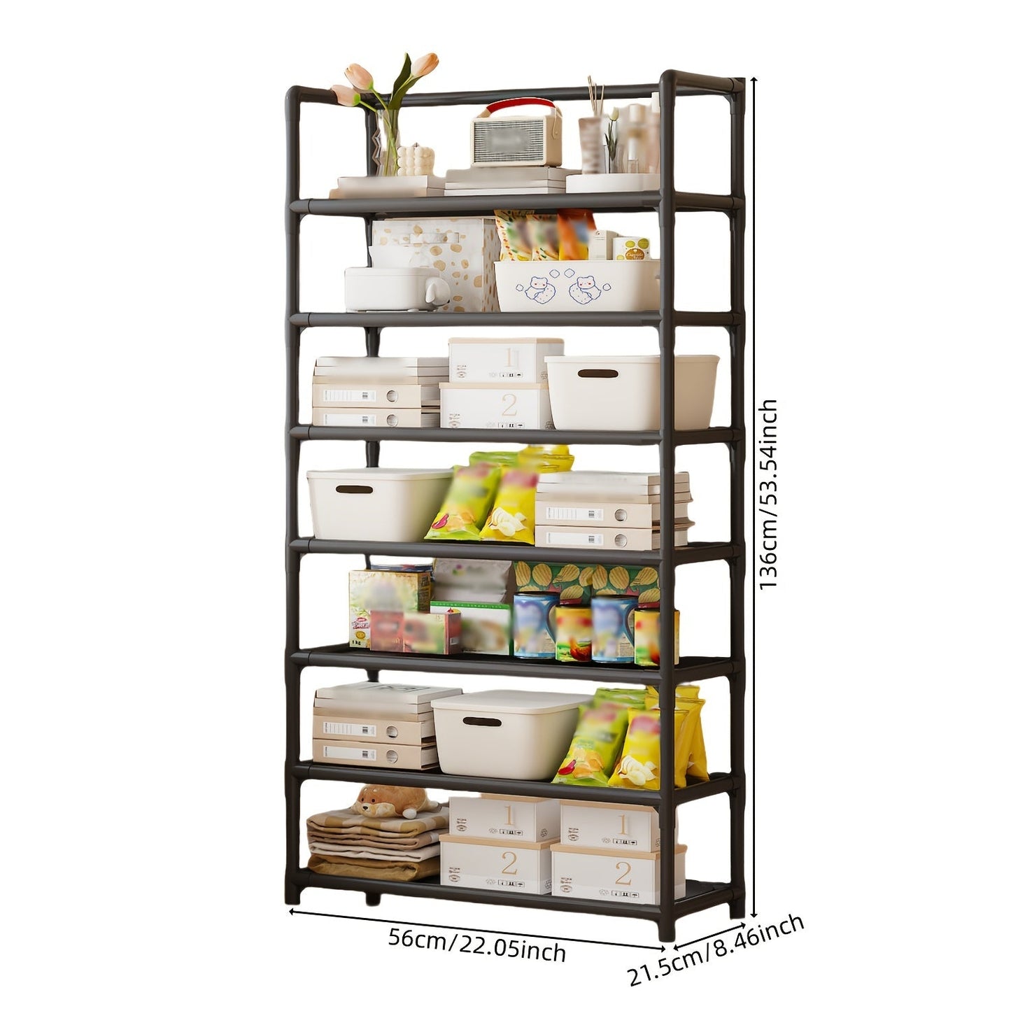 This 7-tier storage organizer rack is made of metal and plastic, perfect for bedrooms, kitchens, and living rooms. It features versatile shelving for easy organization, and is designed without the need for electricity or wood construction.