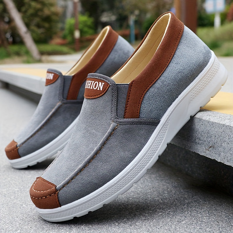 Men's slip-on casual sports sneakers with solid color, lightweight fabric upper, non-slip sole, and breathable insole for outdoor running and daily wear in spring and fall.