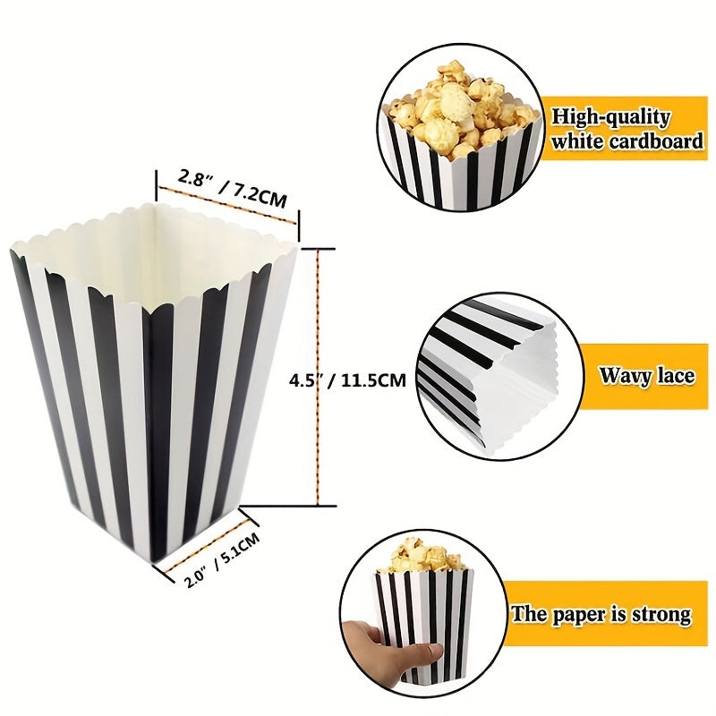 100 pieces of 2.27oz Mini Popcorn Boxes - Made of Food Grade Material, Sealed on their own, featuring Black & White Stripes - Ideal for Movie Nights, Parties, Carnivals & Birthdays.