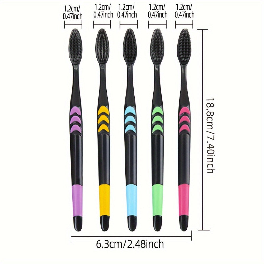 5/10 soft bristle toothbrushes with multicolor grip handles and black nylon bristles for adults, ideal for deep manual oral care.