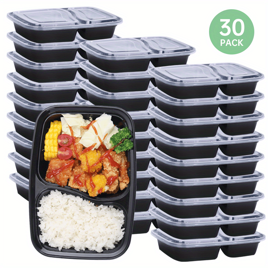 30 sets of 50 plastic black containers with lids, each container holding 30 ounces. These food storage containers are BPA free, stackable, and leakproof, making them perfect for bento boxes. They are also safe to use in the microwave. These kitchen