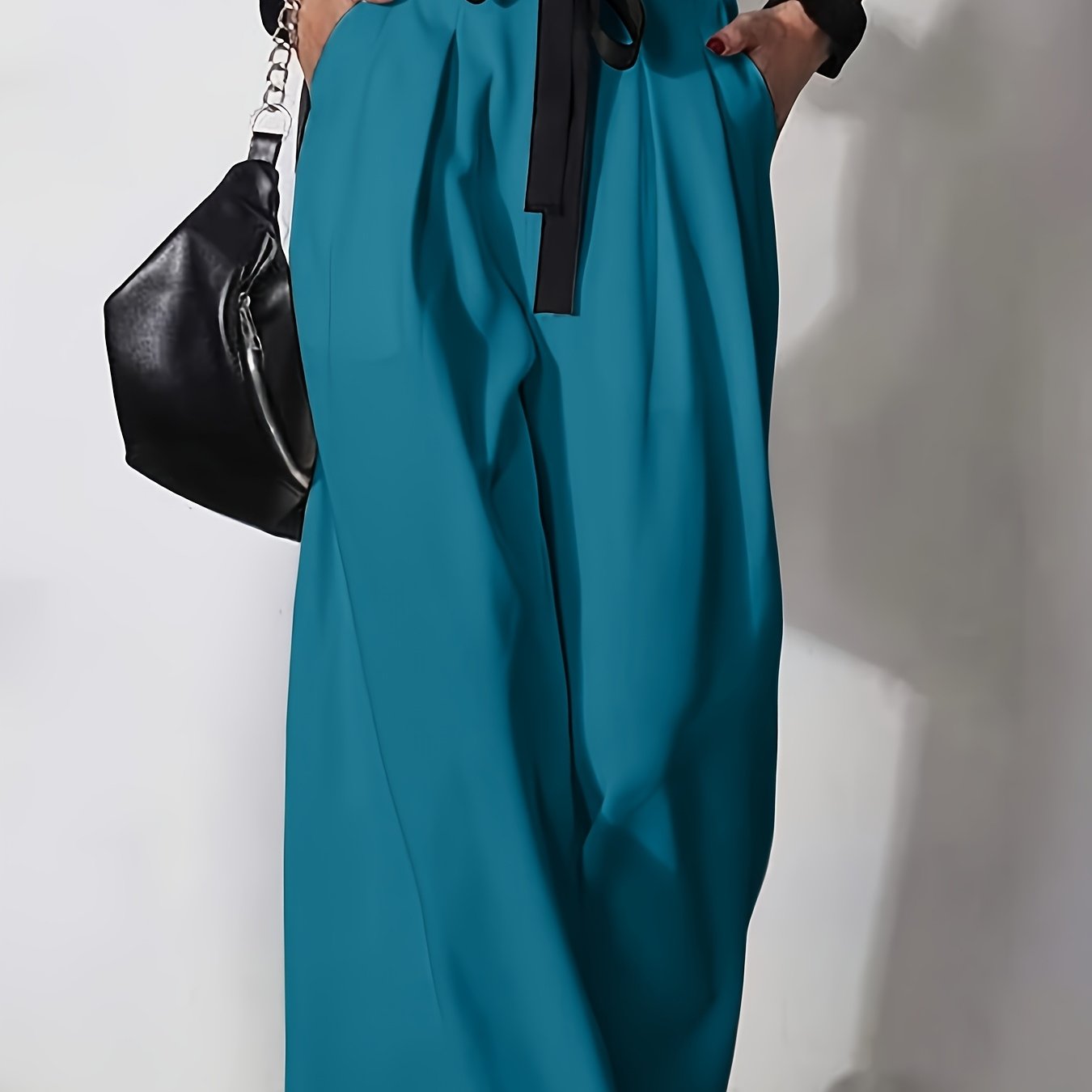 Woven's Wide Leg Pants with Zipper Fly, Contrast Waist Belt, Side Pockets.