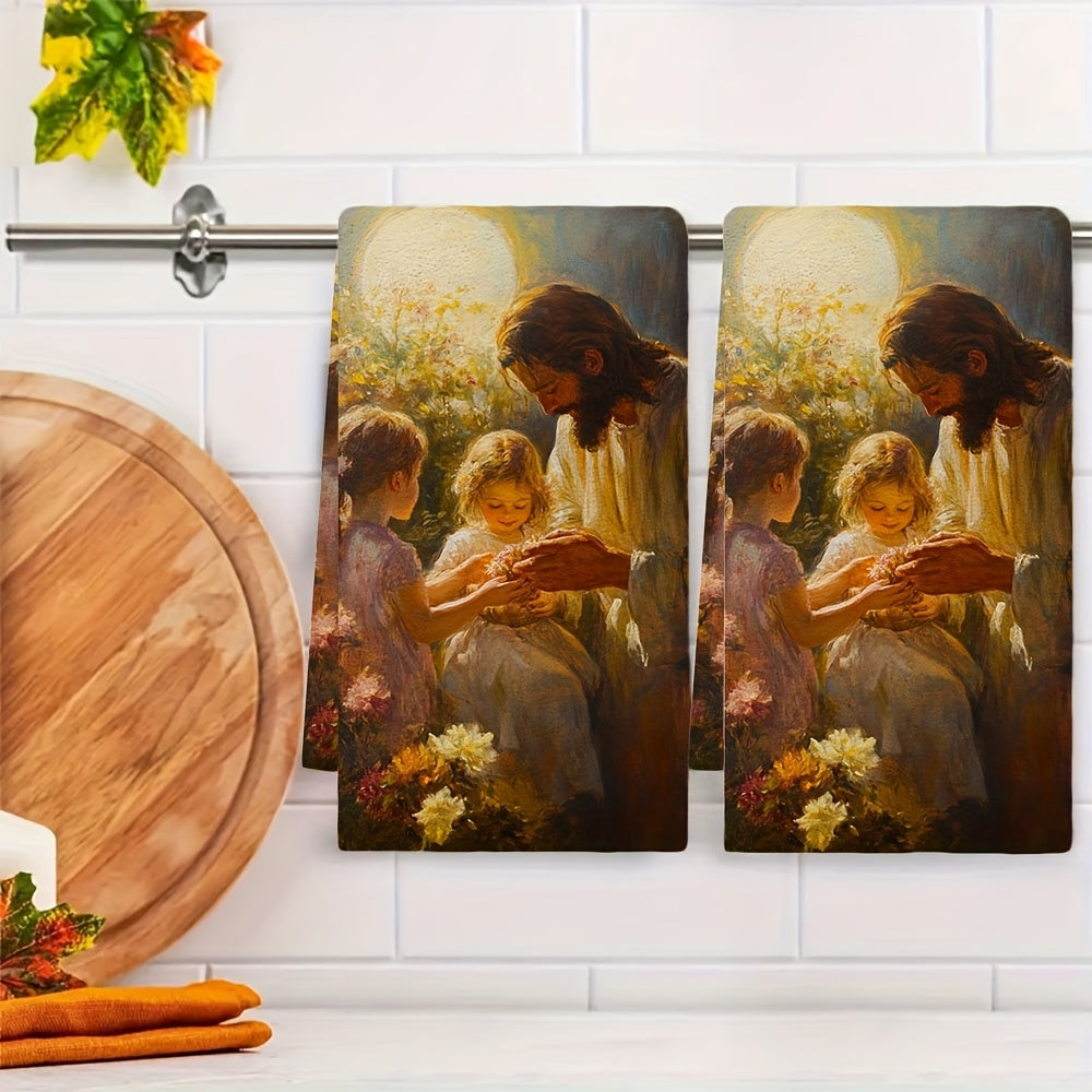 Two pieces of ultra soft kitchen towels featuring an oil painting style design titled "Easter: A Time to Open Our Hearts". These highly absorbent and machine washable dish hand towels measure 40.64x60.96 cm and depict a serene garden scene with figures