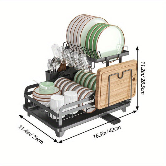 Large Metal 2-Tier Dish Drying Rack Set with Drainboard - Includes Drainage, Glass Holder, Utensil Holder, and Drying Mat - Kitchen Accessories for Efficient Dish Drying and Organization